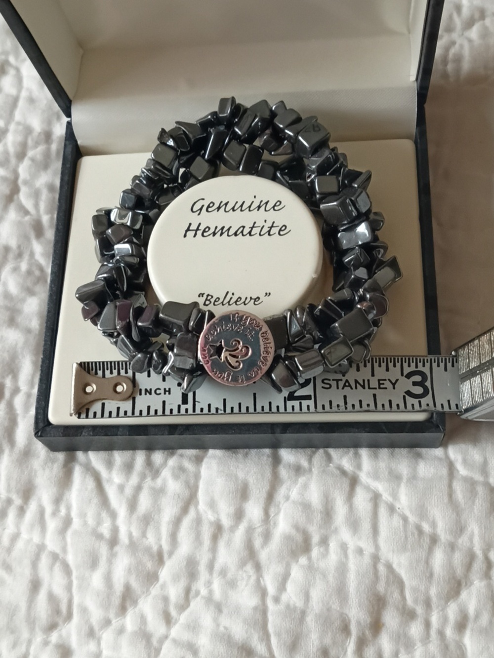 Genuine Hematite Stretch Bracelet - Metallic Gray, "Believe" Message, Sterling - Picture 2 of 4